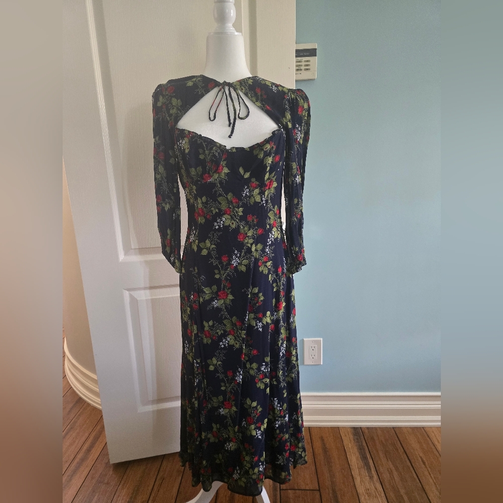 Reformation Blue Midi Gown with Sweetheart Neckline and Bishop Sleeves